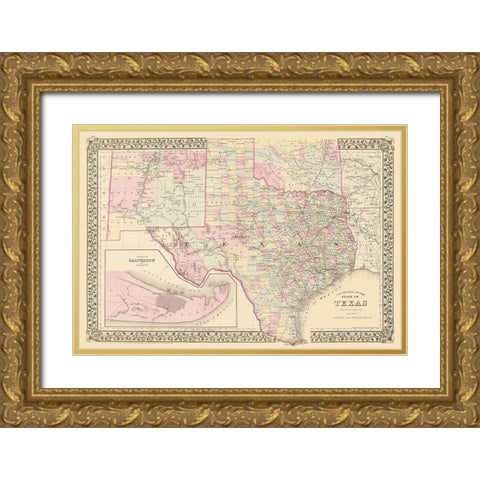 Texas - County Map - Mitchell 1880 Gold Ornate Wood Framed Art Print with Double Matting by Mitchell