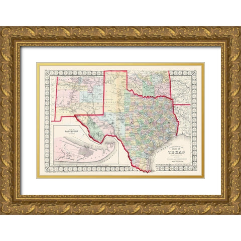 Texas - Augustus Mitchell 1874 Gold Ornate Wood Framed Art Print with Double Matting by Mitchell