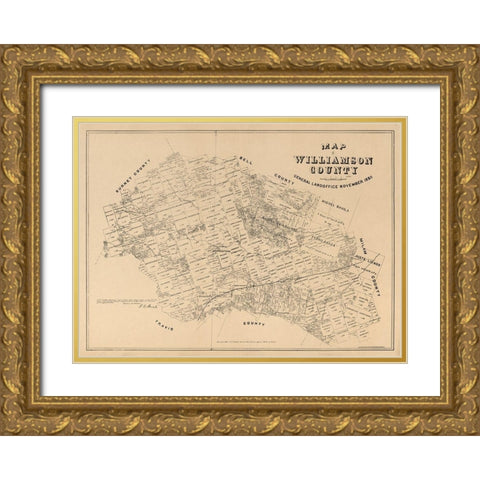 Williamson County Texas - Walsh 1880 Gold Ornate Wood Framed Art Print with Double Matting by Walsh