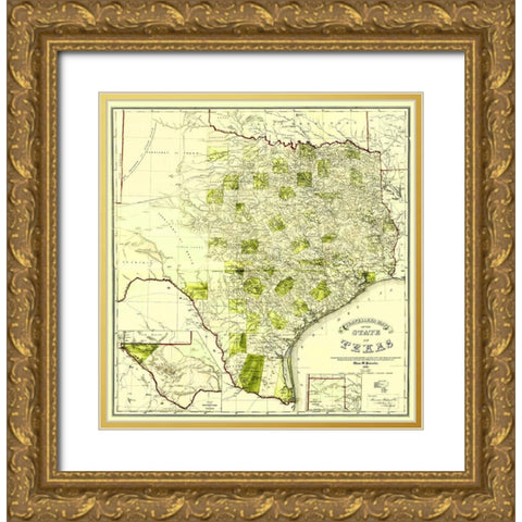 Travellers Map of the State of Texas 1867 Gold Ornate Wood Framed Art Print with Double Matting by Pressler