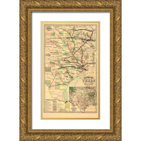 GrayS Railroad Map - 1877 Gold Ornate Wood Framed Art Print with Double Matting by Unknown
