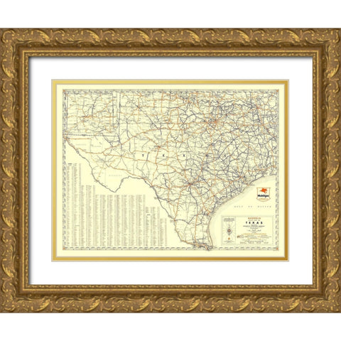 Texas Road Map from Magnolia Petro 1933 Gold Ornate Wood Framed Art Print with Double Matting by General Drafting