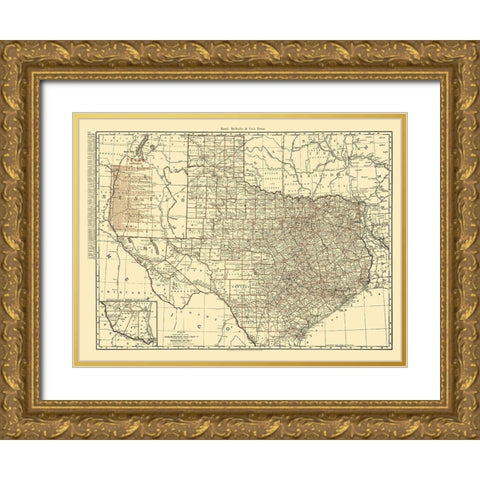 Texas State Railroads - Rand McNally 1900 Gold Ornate Wood Framed Art Print with Double Matting by Rand McNally