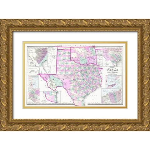 Texas and Oklahoma Indian Territory - Gray 1876 Gold Ornate Wood Framed Art Print with Double Matting by Gray
