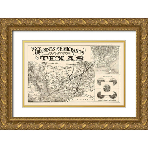 Texas Colonists and Emigrants Route 1878 Gold Ornate Wood Framed Art Print with Double Matting by Rand McNally