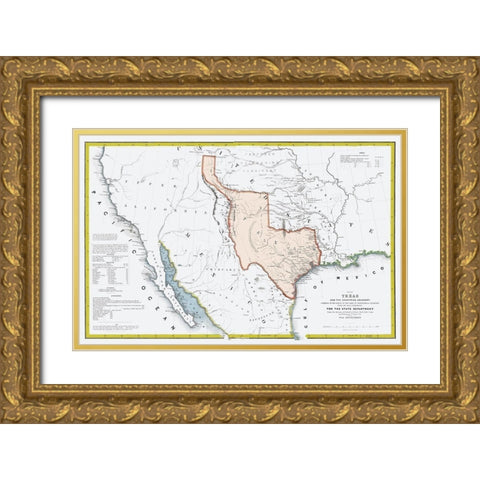 Texas Republic and adjacent Countries 1844 Gold Ornate Wood Framed Art Print with Double Matting by US War Dept