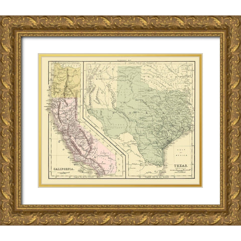Texas with California and Oregon - Appleton 1864 Gold Ornate Wood Framed Art Print with Double Matting by Appleton