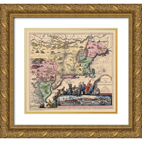 Novi Belgii In America Septentrionali Gold Ornate Wood Framed Art Print with Double Matting by Seutter