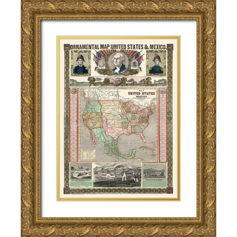 United States - Mexico - Thayer 1868 Gold Ornate Wood Framed Art Print with Double Matting by Thayer