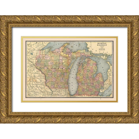 Michigan, Wisconsin - Cram 1888 Gold Ornate Wood Framed Art Print with Double Matting by Cram