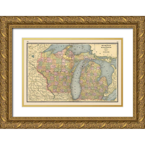 Michigan, Wisconsin - Johnson 1888 Gold Ornate Wood Framed Art Print with Double Matting by Johnson