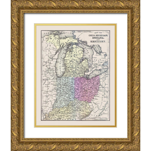 Ohio, Michigan, Indiana, Kentucky - Mitchell 1877 Gold Ornate Wood Framed Art Print with Double Matting by Mitchell