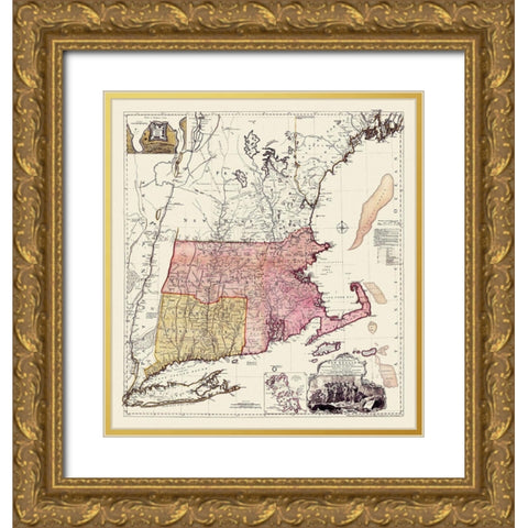 New England, Massachusetts Bay, New Hampshire Gold Ornate Wood Framed Art Print with Double Matting by Unknown