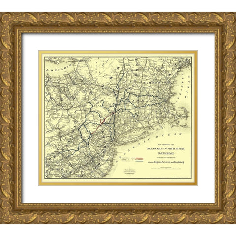 Delaware and North River Railroad - Colton 1890 Gold Ornate Wood Framed Art Print with Double Matting by Colton