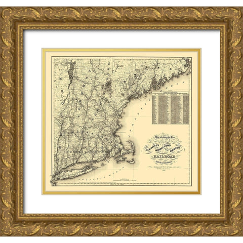 New Haven, Middletown and Boston 1867 Gold Ornate Wood Framed Art Print with Double Matting by Colton