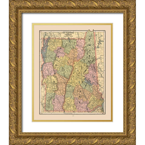 New Hampshire, Vermont - Cram 1888 Gold Ornate Wood Framed Art Print with Double Matting by Cram