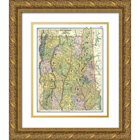 New Hampshire, Vermont - Johnson 1888 Gold Ornate Wood Framed Art Print with Double Matting by Johnson