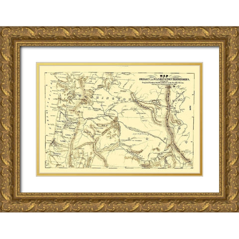 Oregon and Washington Proposed Railroad Route 1855 Gold Ornate Wood Framed Art Print with Double Matting by Disturnell
