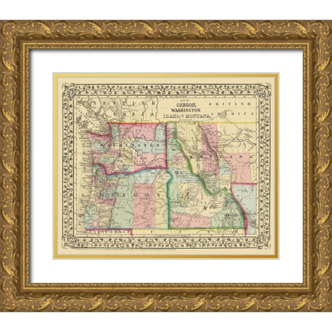 Oregon, Washington, Idaho, Montana - Mitchell 1870 Gold Ornate Wood Framed Art Print with Double Matting by Mitchell