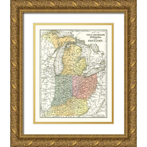 Ohio, Michigan, Indiana, Kentucky - Mitchell 1869 Gold Ornate Wood Framed Art Print with Double Matting by Mitchell