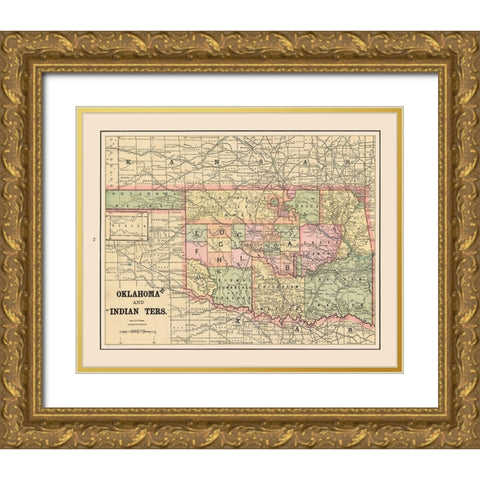 Oklahoma, Indian Territory - Cram 1892 Gold Ornate Wood Framed Art Print with Double Matting by Cram