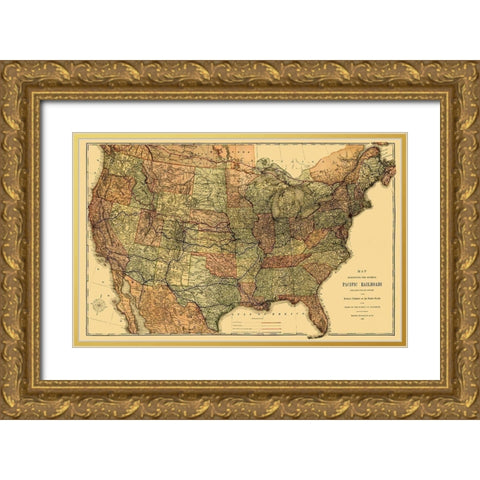 Pacific Railroads - Rand McNally 1883 Gold Ornate Wood Framed Art Print with Double Matting by Rand McNally