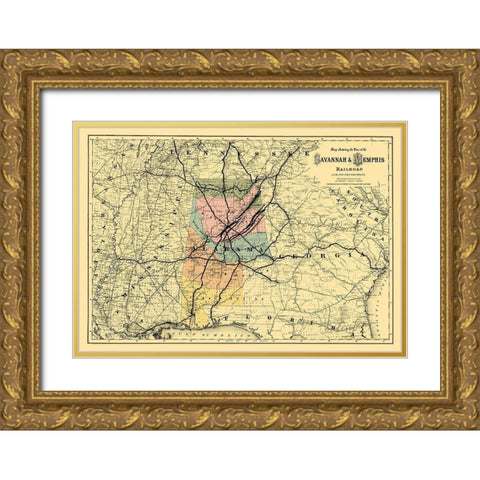 Savannah and Memphis Railroad - Colton 1872 Gold Ornate Wood Framed Art Print with Double Matting by Colton