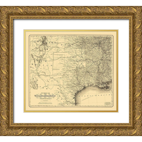 Houston and Texas Central Railroad - Colton 1867 Gold Ornate Wood Framed Art Print with Double Matting by Colton