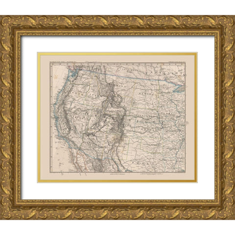 Western United States - Stieler 1885 Gold Ornate Wood Framed Art Print with Double Matting by Stieler