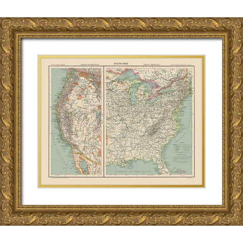 West and East United States - Schrader 1908 Gold Ornate Wood Framed Art Print with Double Matting by Schrader
