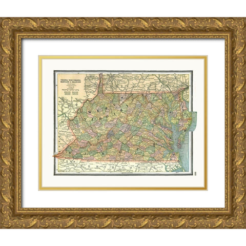 Virginia, Maryland, Delaware - Johnson 1888 Gold Ornate Wood Framed Art Print with Double Matting by Johnson