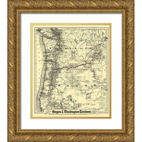 Oregon and Washington Territory - Colton 1880 Gold Ornate Wood Framed Art Print with Double Matting by Colton