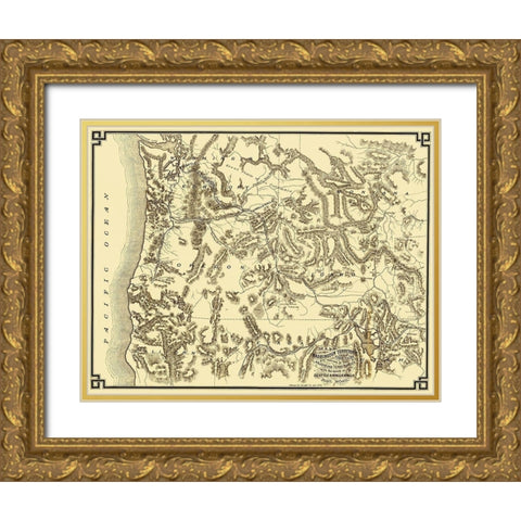 Washington and Oregon with Rail Routes - 1874 Gold Ornate Wood Framed Art Print with Double Matting by Unknown