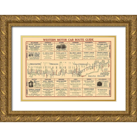 Western Motor Car Route Guide - 1915 Gold Ornate Wood Framed Art Print with Double Matting by Unknown