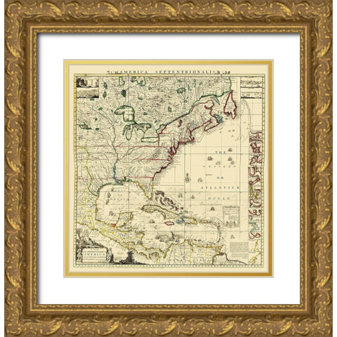 Amerique Septentrionale - Popple 1733 Gold Ornate Wood Framed Art Print with Double Matting by Popple