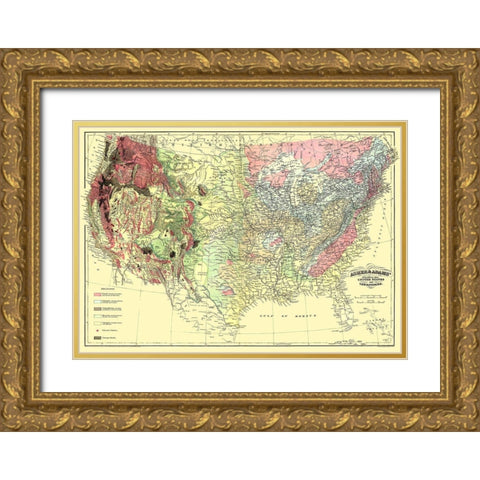 US and Territories Geological Map 1874 Gold Ornate Wood Framed Art Print with Double Matting by Asher