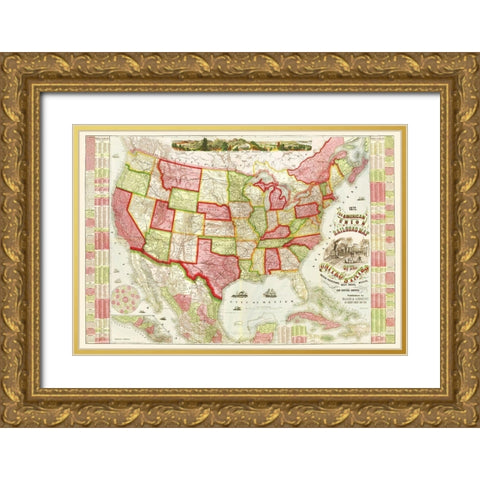American Union Railroads - Haasis 1866 Gold Ornate Wood Framed Art Print with Double Matting by Haasis