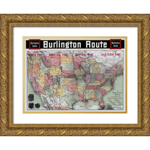 Burlington Railroad Route - Rand McNally 1892 Gold Ornate Wood Framed Art Print with Double Matting by Rand McNally