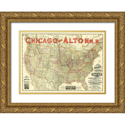 Chicago and Alton Railroad - Rand McNally 1883 Gold Ornate Wood Framed Art Print with Double Matting by Rand McNally