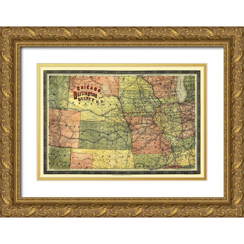 Chicago, Burlington and Quincy Railroad 1879 Gold Ornate Wood Framed Art Print with Double Matting by Heubach