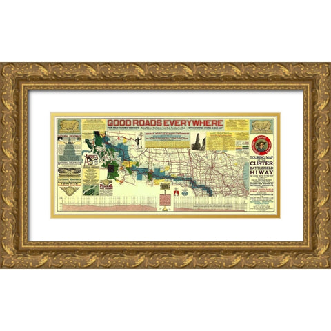 Custer Battlefield Highway - Mulford 1925 Gold Ornate Wood Framed Art Print with Double Matting by Mulford