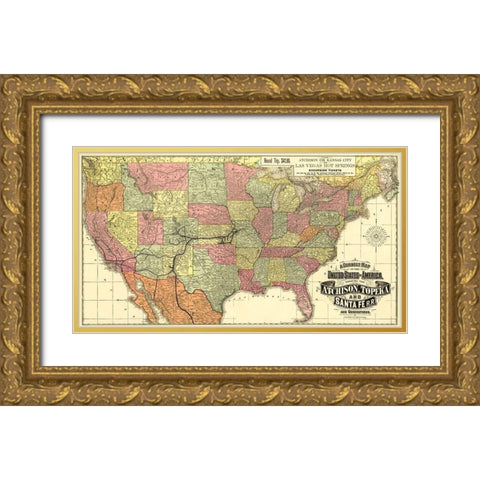 Atchison, Topeka and Santa Fe Railroad 1888 Gold Ornate Wood Framed Art Print with Double Matting by Rand McNally