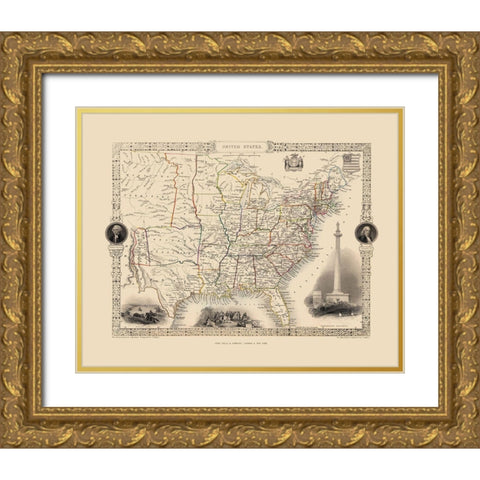 United States - Tallis 1851 Gold Ornate Wood Framed Art Print with Double Matting by Tallis
