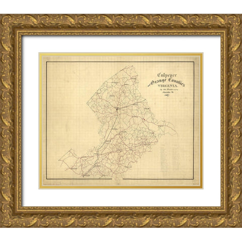 Culpeper County Virginia - Hotchkiss 1867 Gold Ornate Wood Framed Art Print with Double Matting by Hotchkiss