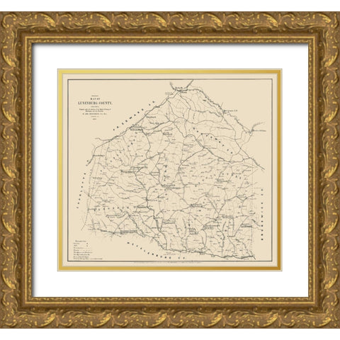Lunenburg County Virginia - Hotchkiss 1871 Gold Ornate Wood Framed Art Print with Double Matting by Hotchkiss