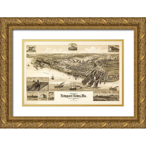 Newport News Virginia - 1891 Gold Ornate Wood Framed Art Print with Double Matting by Unknown