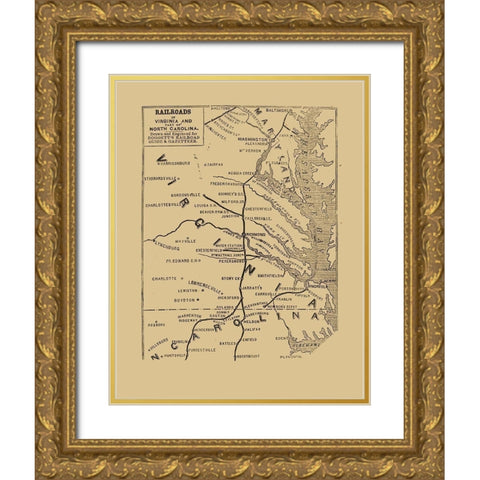 Railroads Virginia North Carolina - 1848 Gold Ornate Wood Framed Art Print with Double Matting by Unknown
