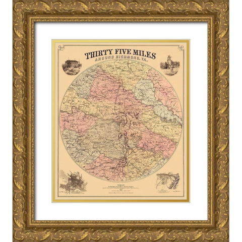 Richmond Virginia 35 Miles Around - Bohn 1867 Gold Ornate Wood Framed Art Print with Double Matting by Bohn
