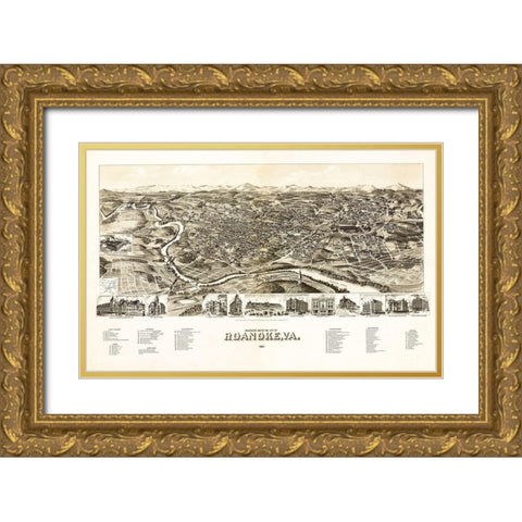 Roanoke Virginia - 1891 Gold Ornate Wood Framed Art Print with Double Matting by Unknown