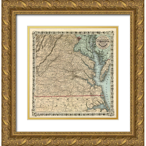 Seat of War Virginia - Colton 1862 Gold Ornate Wood Framed Art Print with Double Matting by Colton